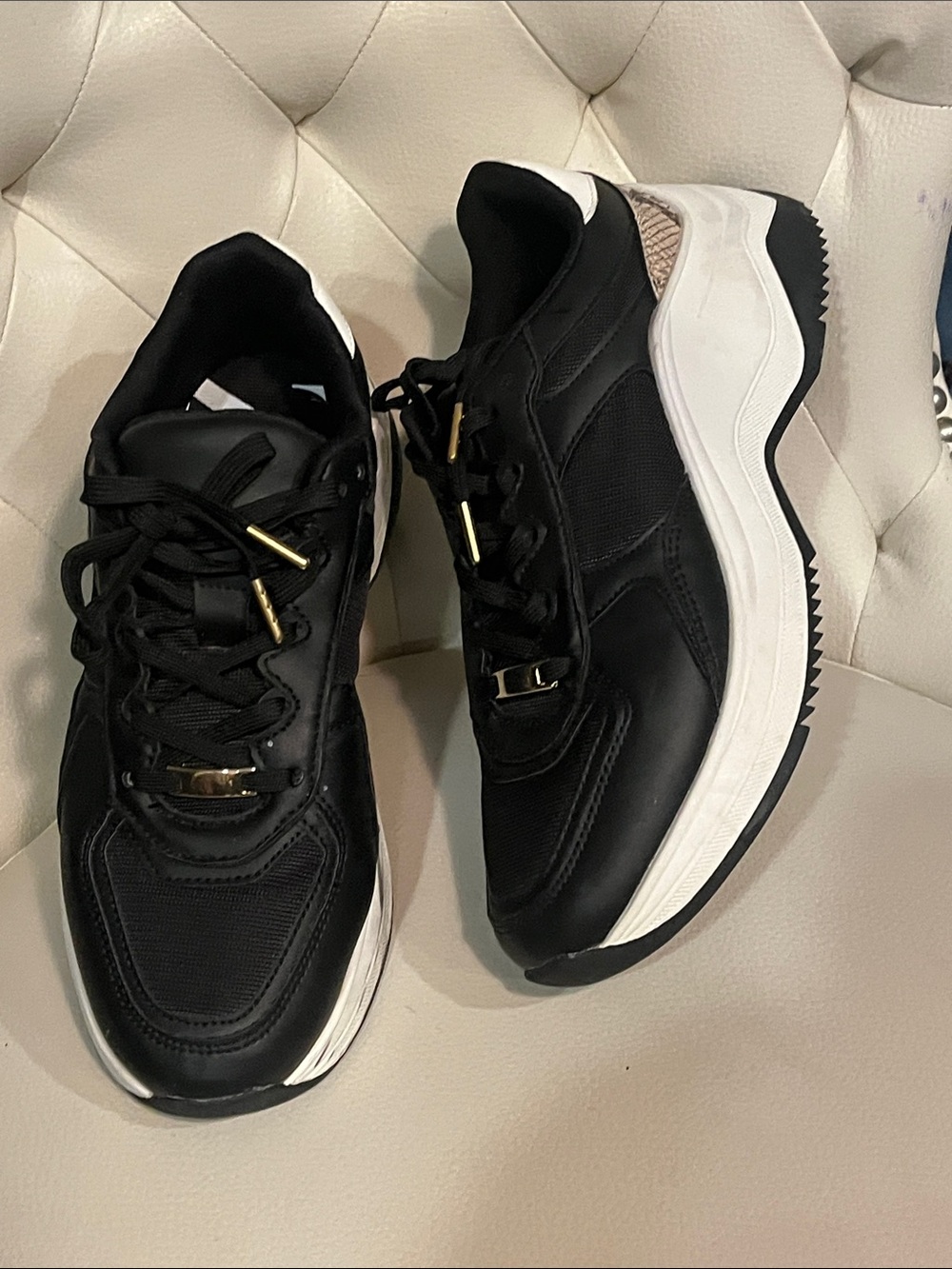 Zara Black and White Platform Sneakers with Gold Accents